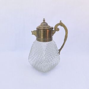 VINTAGE | Glass Diamond Cut Carafe Decanter Brass Gold Handle & Animal Spout